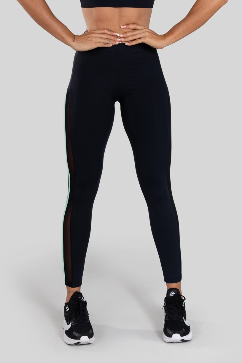 Calça Legging com Tule Lateral (Preto / Verde Claro) | Ref: K3130-F