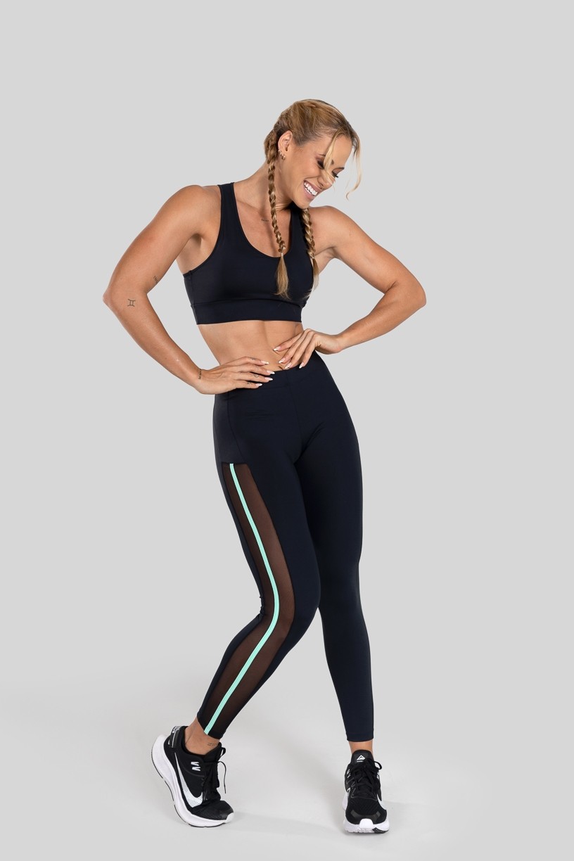 Calça Legging com Tule Lateral (Preto / Verde Claro) | Ref: K3130-F