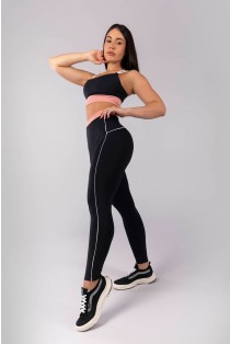 Calça Legging Tricolor com Vivo (Preto / Rosa) | Ref: K4127-A