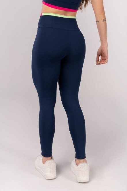 Calça Legging Tricolor com Vira (Azul Marinho / Rosa Pink / Verde) | Ref: K4245-A