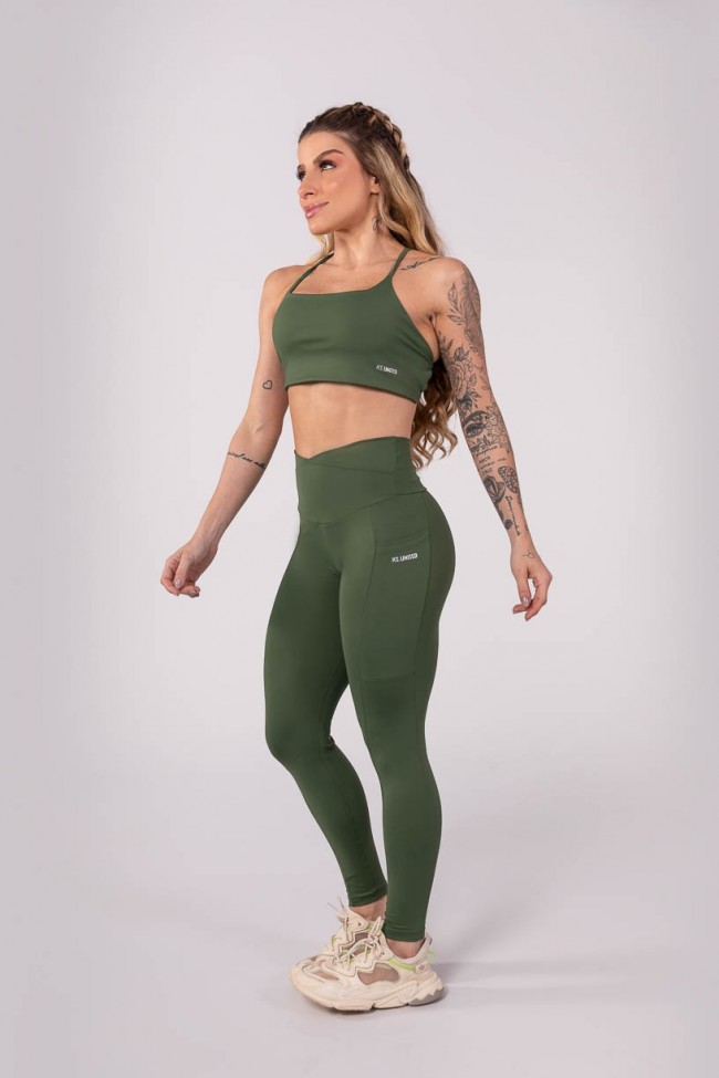 Conjunto Fitness Feminino Calça Legging Verde Militar Elegância
